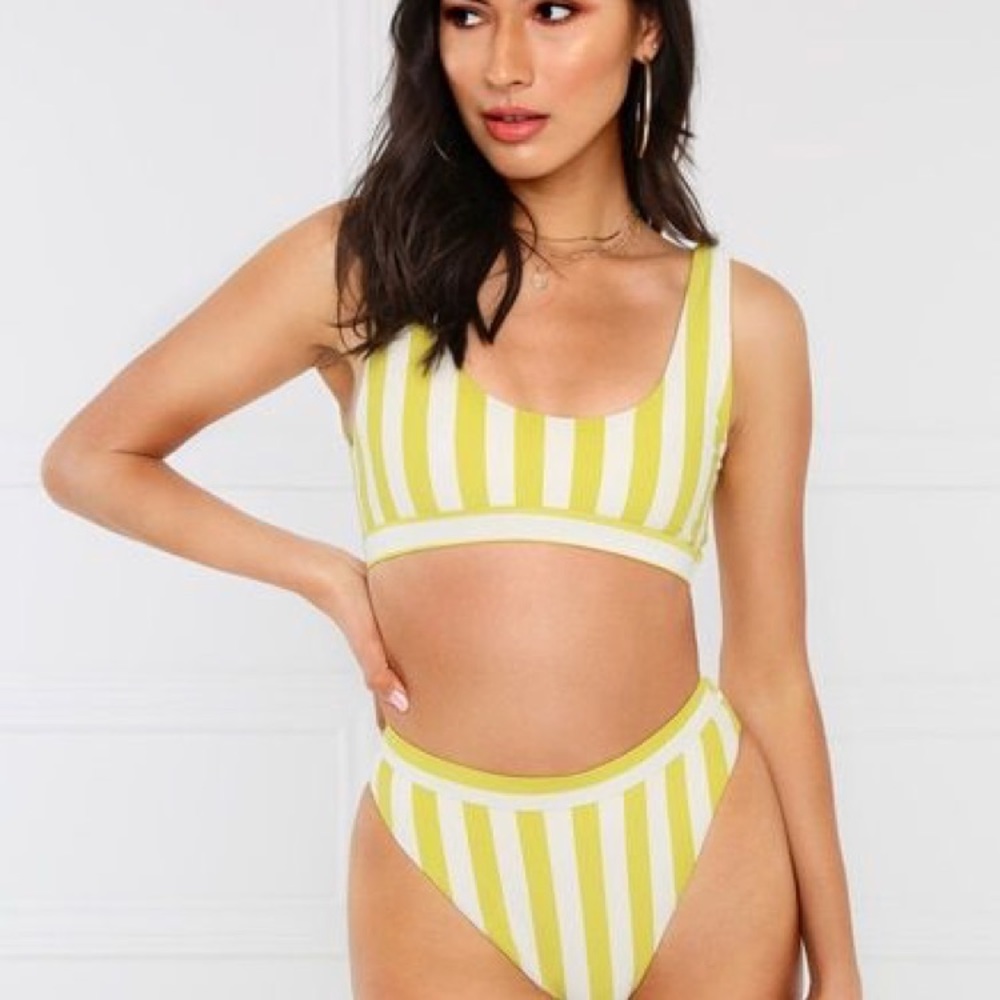 Two piece lime yellow striped high waist bikini